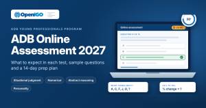 The four components of the ADB online assessment: situational judgment, numerical reasoning, abstract reasoning and personality questionnaire, with reported timing.